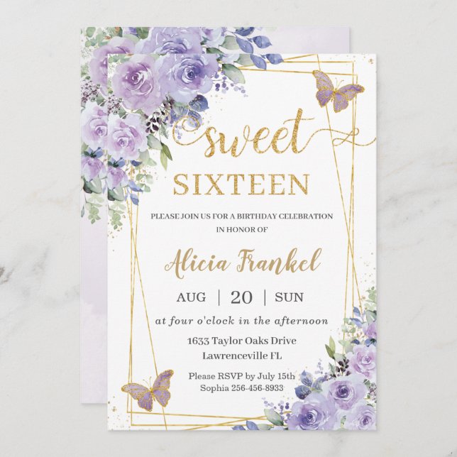 Sweet 16 Sixteen Purple Lilac Floral Butterflies Invitation (Front/Back)