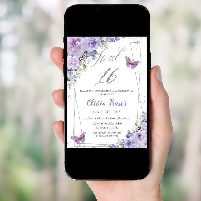 Sweet 16 Sixteen Purple Lilac Floral Butterflies Invitation (Front Digital)