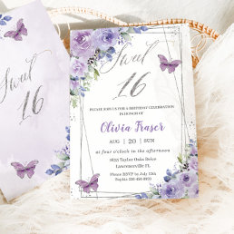 Sweet 16 Sixteen Purple Lilac Floral Butterflies Invitation