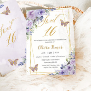 Sweet 16 Sixteen Purple Lilac Floral Butterflies  Invitation