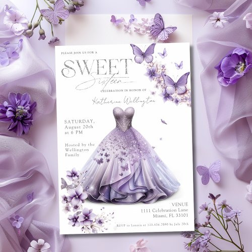 Sweet 16 Sixteen Purple Lilac Floral Butterflies Invitation