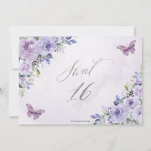 Sweet 16 Sixteen Purple Lilac Floral Butterflies Thank You Card (Back)