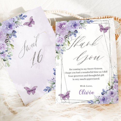Sweet 16 Sixteen Purple Lilac Floral Butterflies Thank You Card