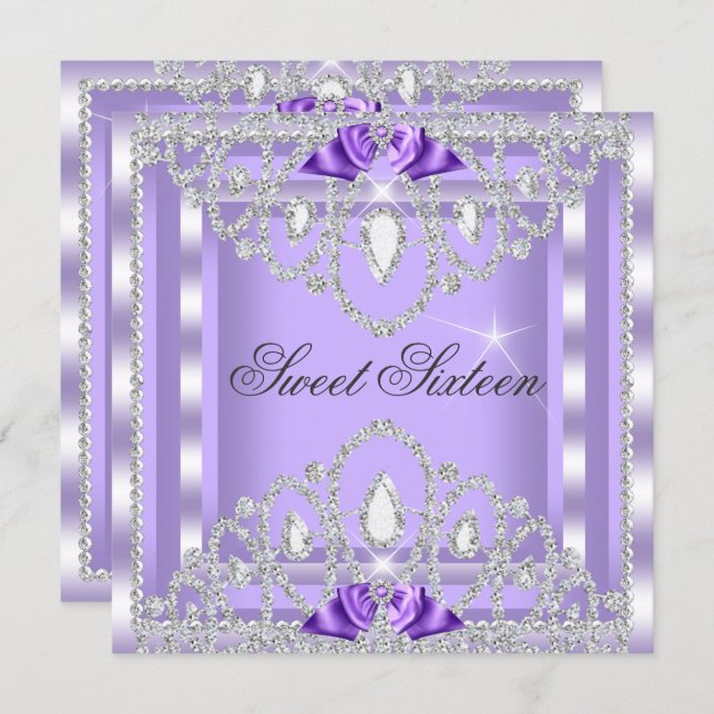 Sweet 16 Sixteen Purple Silver Diamond Party 3I Invitation (Front/Back)