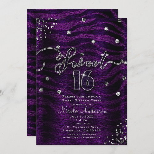 SWEET 16 Sixteen Purple Zebra  Silver Bling Invitation