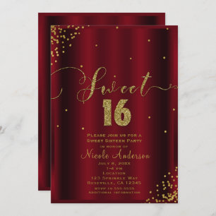 SWEET 16 Sixteen Red & Gold Confetti Corners Invitation