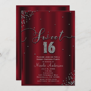 SWEET 16 Sixteen Red & Silver Confetti Corners Invitation
