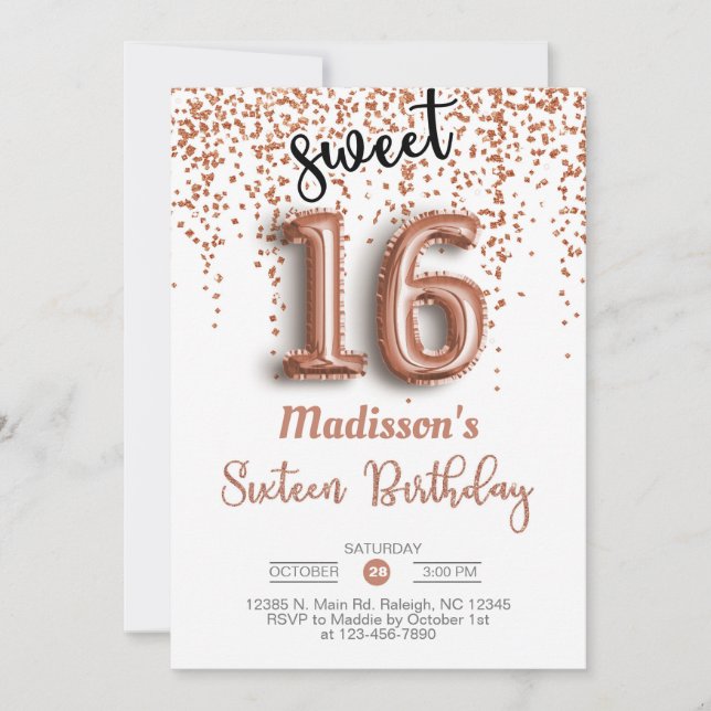 Sweet 16 sixteen rose gold balloon birthday invite (Front)