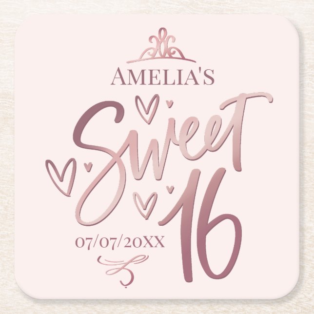 Sweet 16 Sixteen rose gold Square Paper Coaster (Front)