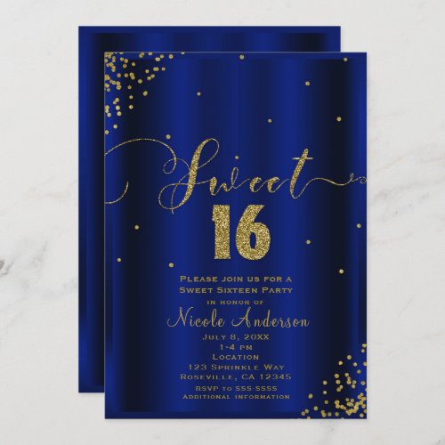 SWEET 16 Sixteen Royal Blue Gold Confetti Corners Invitation