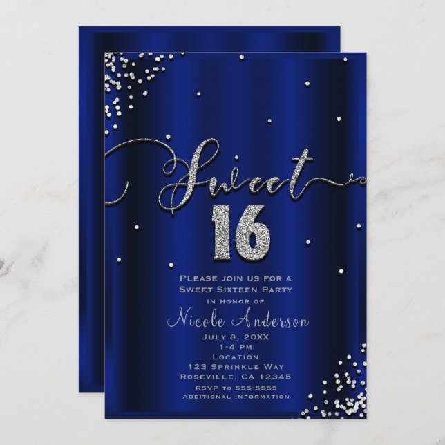 SWEET 16 Sixteen Royal Blue Silver Confetti Corner Invitation (Front/Back)