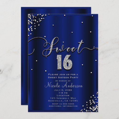 SWEET 16 Sixteen Royal Blue Silver Confetti Corner Invitation