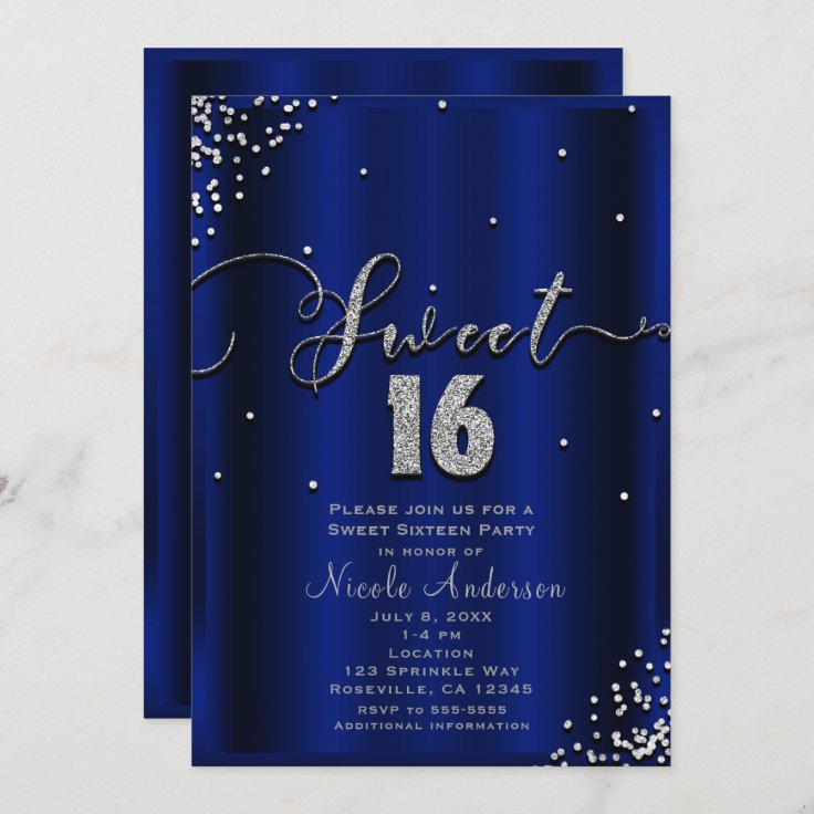 Sweet 16 Sixteen Royal Blue Silver Confetti Corner Invitation Zazzle