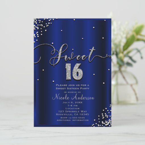 Sweet 16 Sixteen Royal Blue Silver Confetti Corner Invitation Zazzle