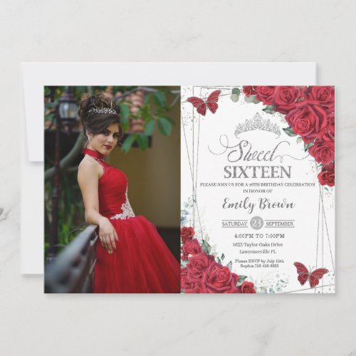 Sweet 16 Sixteen Silver Red Rose Butterflies Photo Invitation