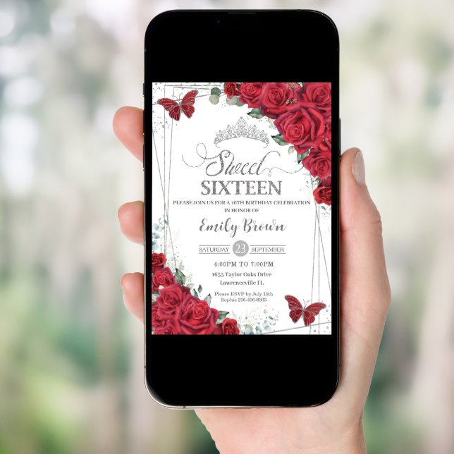 Sweet 16 Sixteen Silver Red Roses Butterflies Invitation (Front Digital)