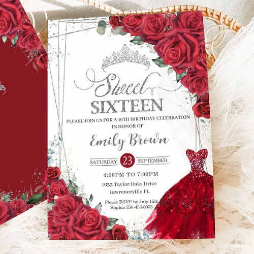 Sweet 16 Sixteen Silver Red Roses Floral Dress Invitation
