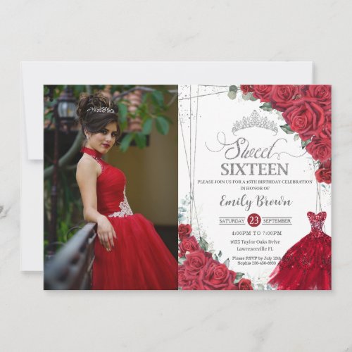 Sweet 16 Sixteen Silver Red Roses Floral Photo Invitation