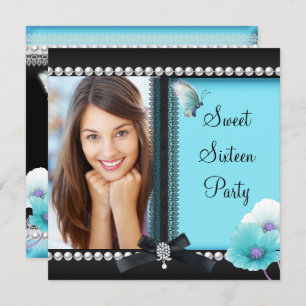 Sweet 16 Sixteen Teal Blue Black Butterfly Invitation