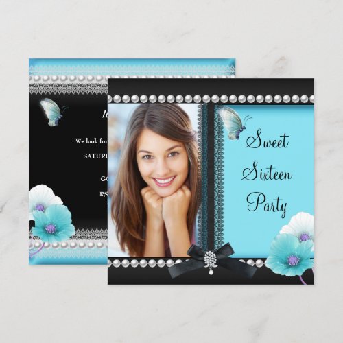 Sweet 16 Sixteen Teal Blue Black Butterfly Custom Announcement