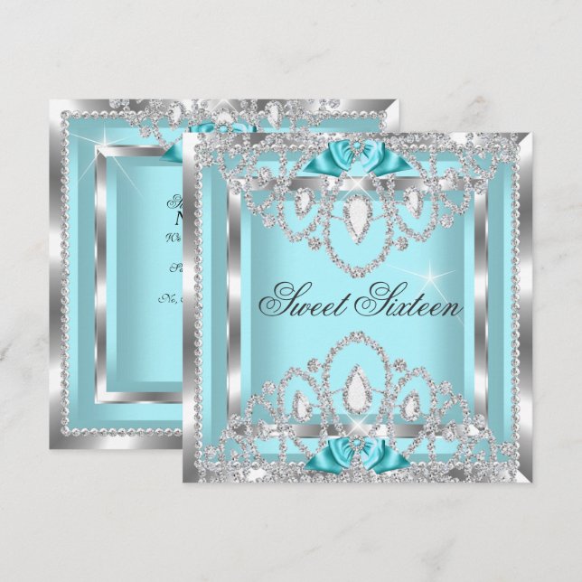 Sweet 16 Sixteen Teal Blue Silver Diamond Party 2I Invitation (Front/Back)
