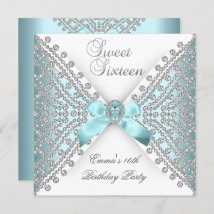 Sweet 16 Sixteen Teal Blue Silver White Diamond Invitation