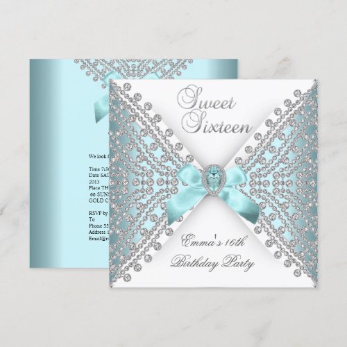 Sweet 16 Sixteen Teal Blue Silver White Diamond Personalized Announcements