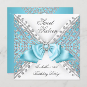 Sweet 16 Sixteen Teal Blue White Diamond Party 2 Invitation