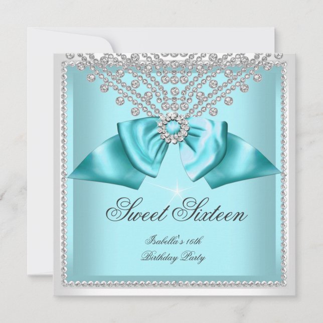 Sweet 16 Sixteen Teal Blue White Diamond Party 3d Invitation (Front)