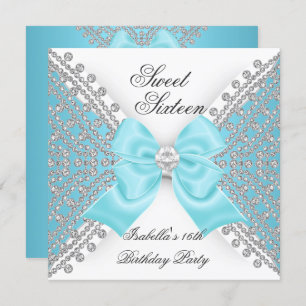 Sweet 16 Sixteen Teal Blue White Diamond Party Invitation