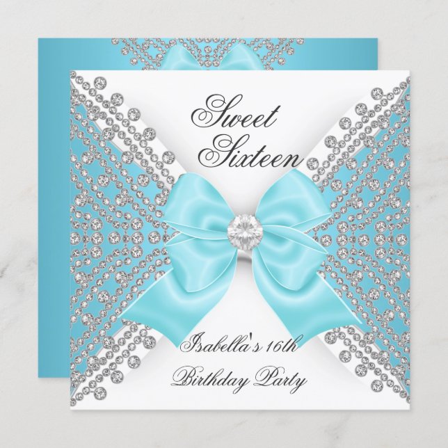 Sweet 16 Sixteen Teal Blue White Diamond Party Invitation (Front/Back)