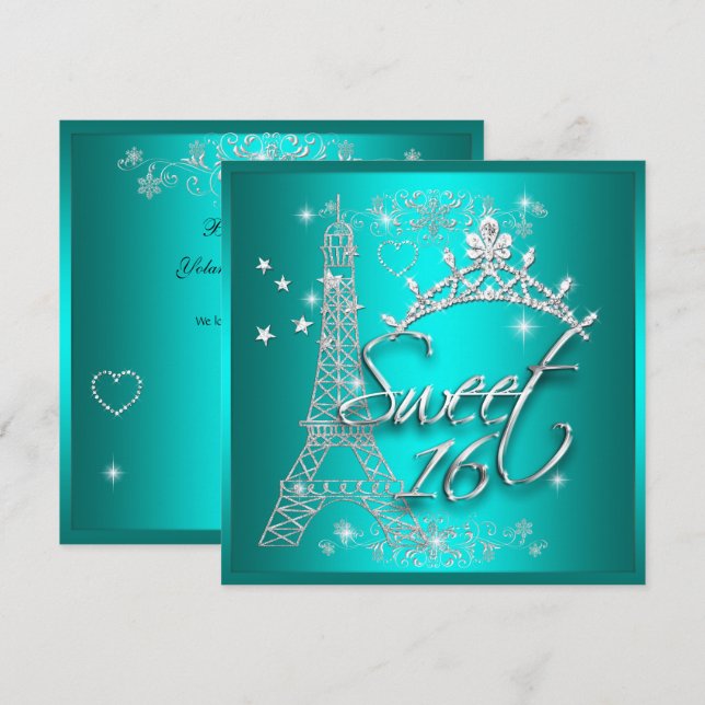 Sweet 16 Sixteen Teal Tiara Eiffel Tower Invitation (Front/Back)