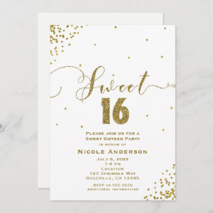 SWEET 16 Sixteen White & Gold Confetti Corners Invitation