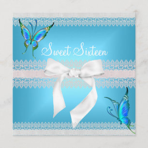 Sweet 16 Sixteen White lace Teal Blue Butterfly Invitation