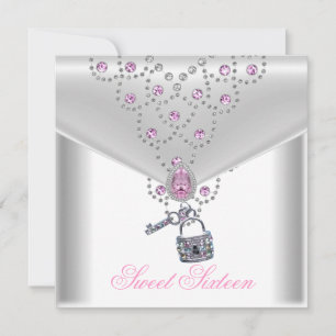 Sweet 16 Sixteen White Silver Overlay Pink Jewel Invitation