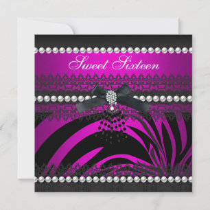Sweet 16 Sixteen Zebra Hot Pink Black Pearl Lace Invitation