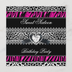 Sweet 16 Sixteen Zebra Leopard Pink Black Diamond Invitation