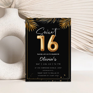 Sweet 16 Sixteenth With Golden Tropical Leaves Invitation