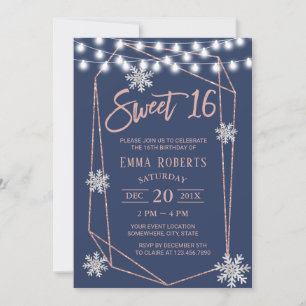 Sweet 16 Snowflakes Geometric Rose Gold Navy Blue Invitation