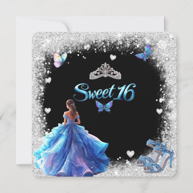 Sweet 16 Sparkle Glitter Crown High Heels Invitation (Front)