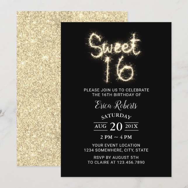 Sweet 16 Sparkler Modern Gold Glitter Birthday Invitation (Front/Back)