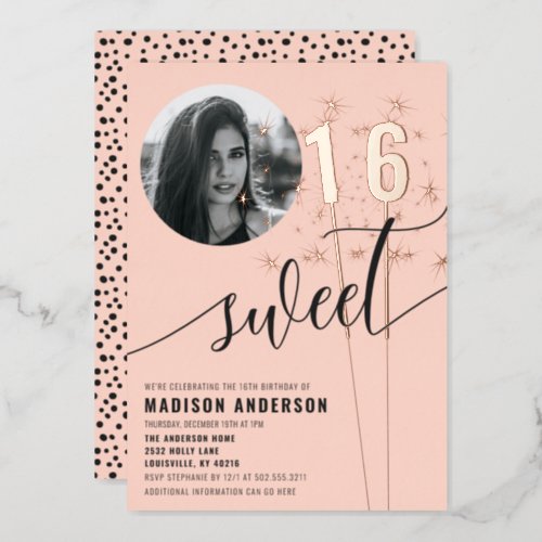 Sweet 16 Sparklers and Dots Peach Birthday Party Foil Invitation