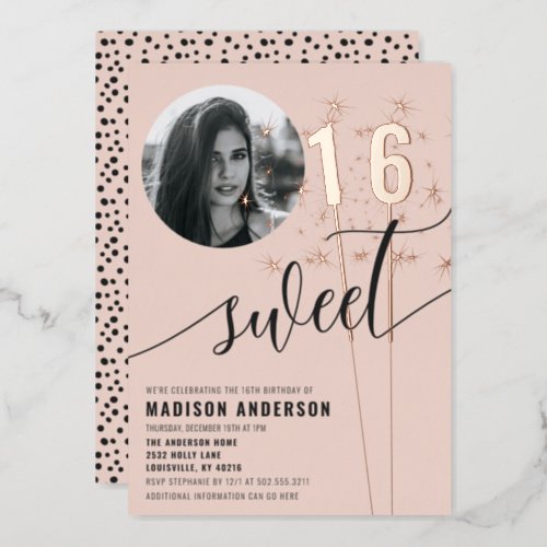 Sweet 16 Sparklers Blush Pink Dots Birthday Party Foil Invitation