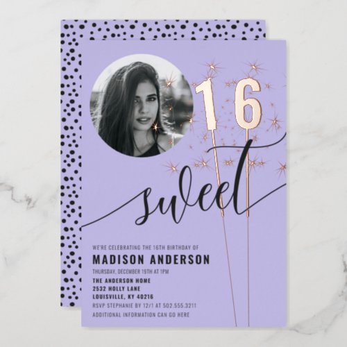 Sweet 16 Sparklers Dots Violet Birthday Party Foil Invitation