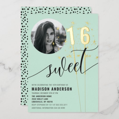 Sweet 16 Sparklers Mint Green Dots Birthday Party  Foil Invitation