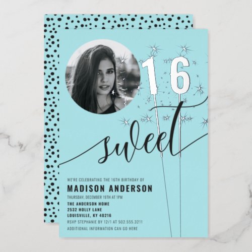 Sweet 16 Sparklers Pastel Blue Dots Birthday Party Foil Invitation