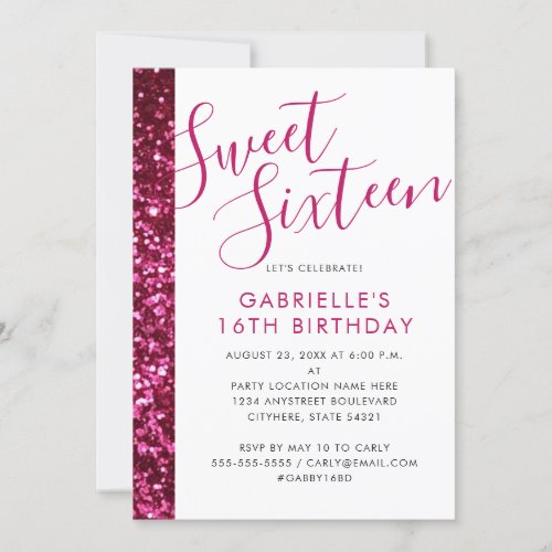Sweet 16 Sparkly Hot Pink Glitter Glam Chic Announcement