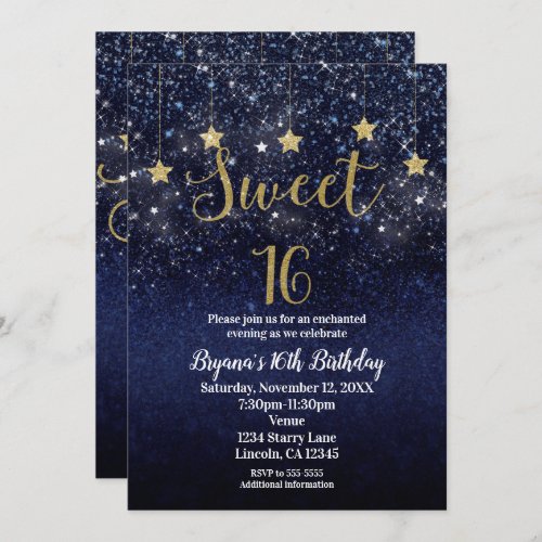 Sweet 16 Starry Night Gold Blue Sparkle Sky Party Invitation