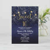 Sweet 16 Starry Night Gold Blue Sparkle Sky Party Invitation (Standing Front)