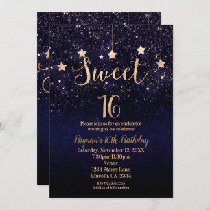 Sweet 16 Starry Night Gold Purple Sparkle Party Invitation